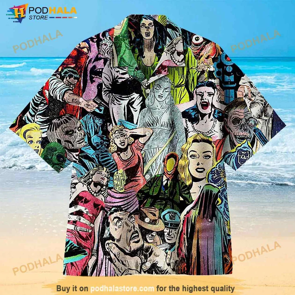 1950s Horror Comics Hawaiian Shirt Featuring Vintage Monster Designs