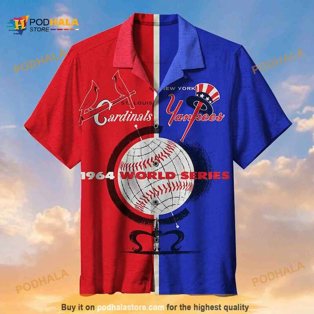 1964 World Series Baseball Hawaiian Shirt Featuring Yankees And Cardinals Logos