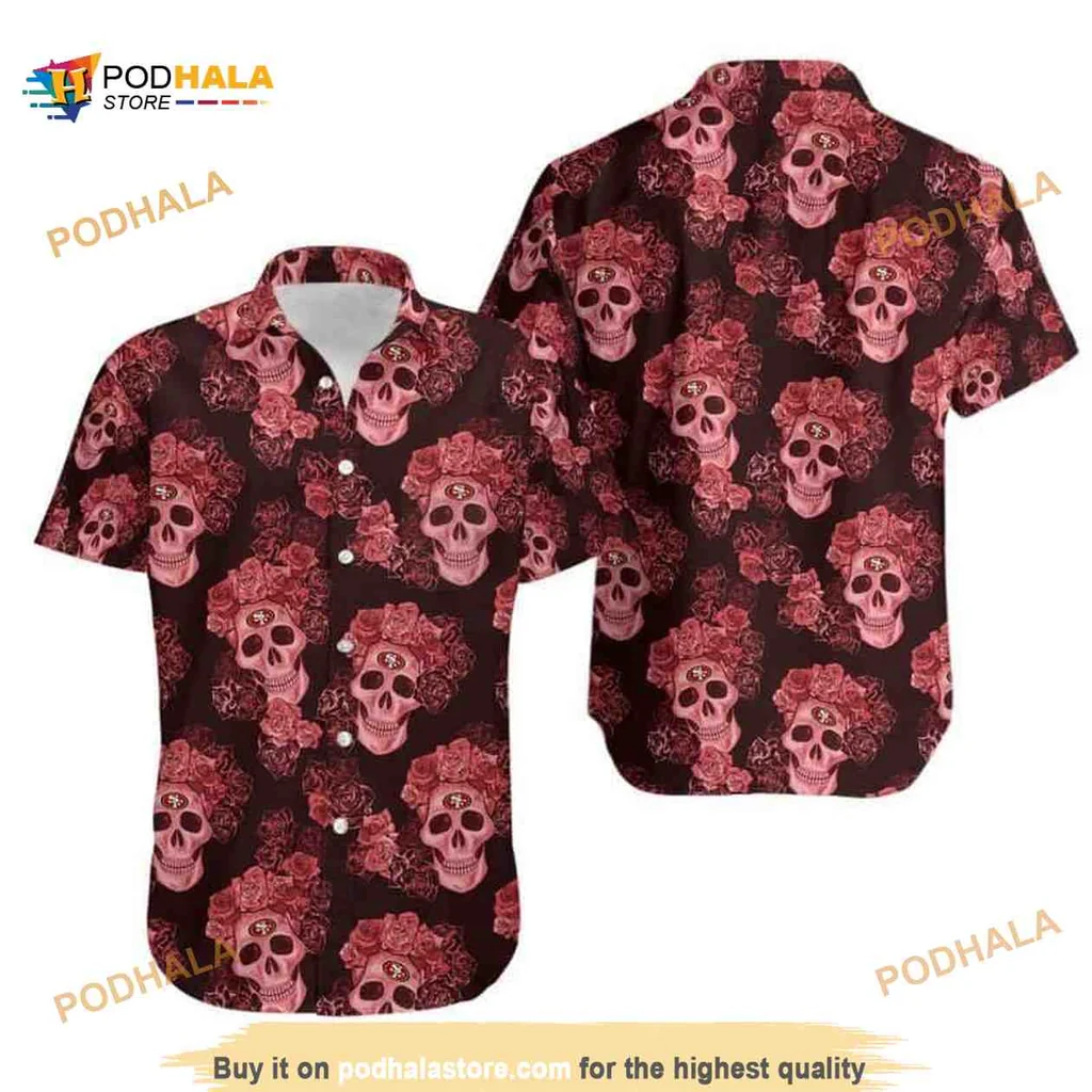 49ers Skull Floral Hawaiian Shirt, Bold Gothic Design With Roses