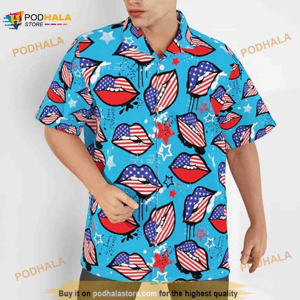 4th Of July American Flag Aloha Shirt With Playful Lip Design