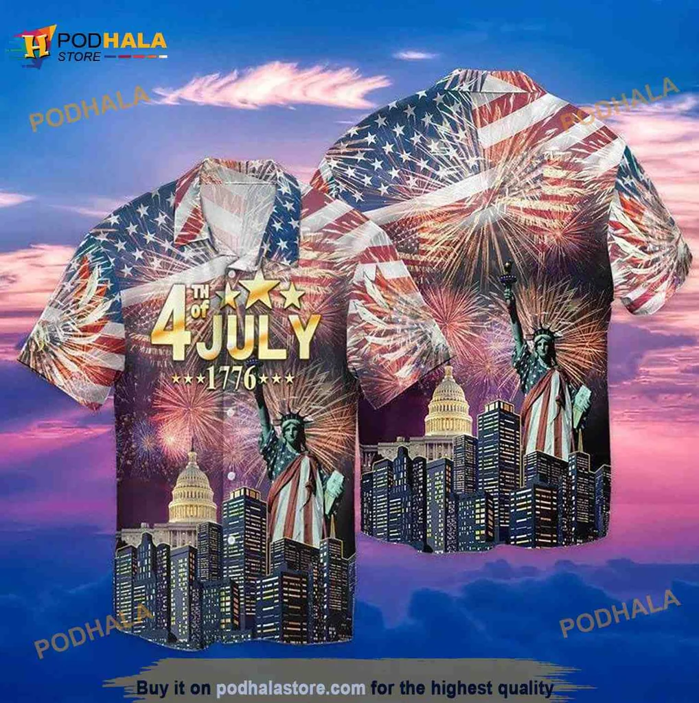 4th Of July American Flag Hawaiian Shirt With Fireworks And Skyline
