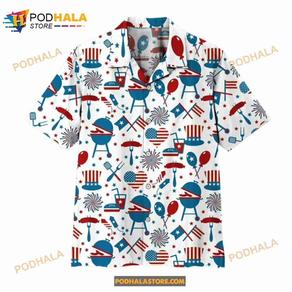 4th Of July Barbecue Hawaiian Shirt With Fireworks And Balloons