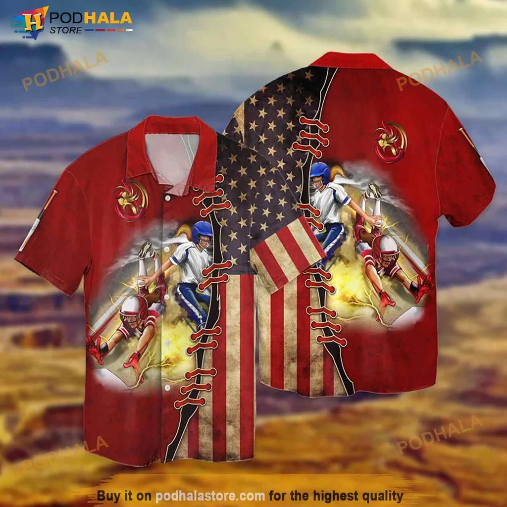 4th Of July Baseball Hawaiian Shirt Featuring American Flag Design