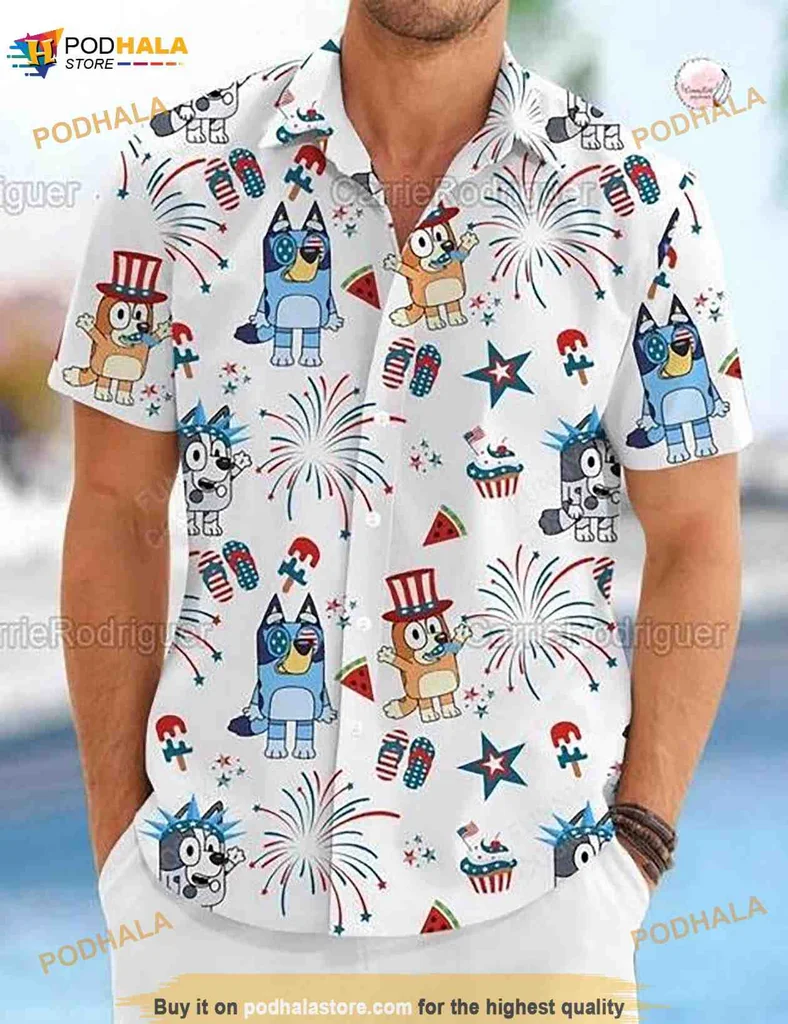 4th Of July Dog Aloha Shirt With Festive Fireworks Design