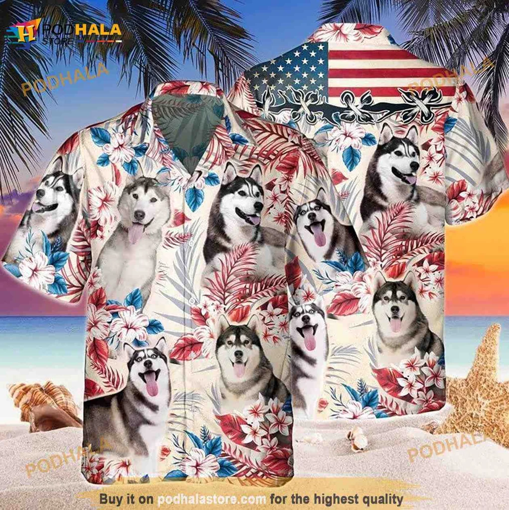 4th Of July Dog Lover Aloha Shirt With Colorful Siberian Huskies