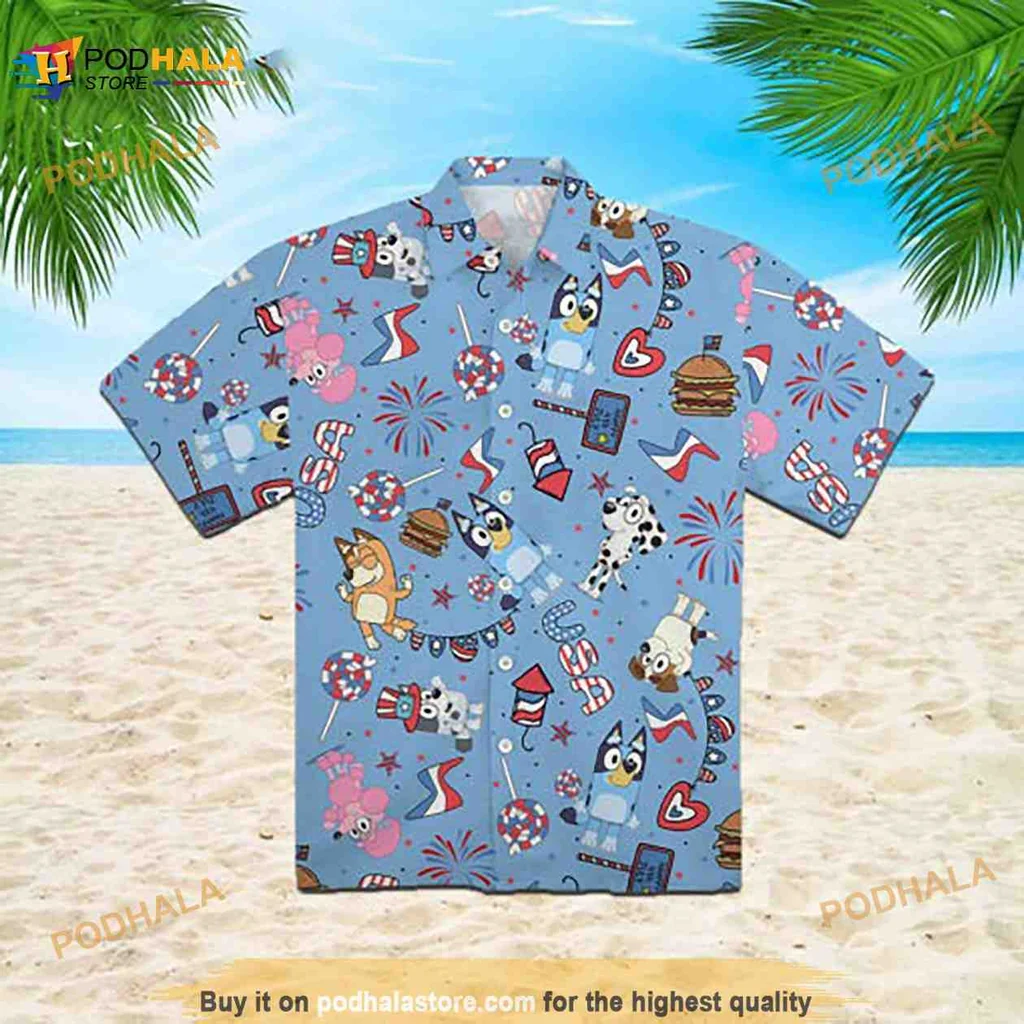 4th Of July Festive Hawaiian Shirt With Fireworks And Cartoon Characters