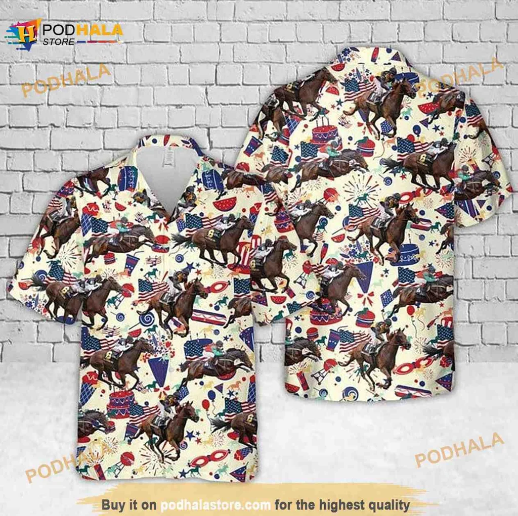 4th Of July Horse Racing Hawaiian Shirt With Patriotic Design 4th Of July Horse Racing Hawaiian Shirt With Patriotic Design