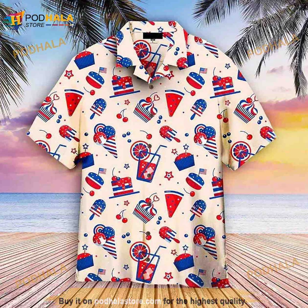 4th Of July Ice Cream Hawaiian Shirt With Patriotic Cupcakes And Drinks