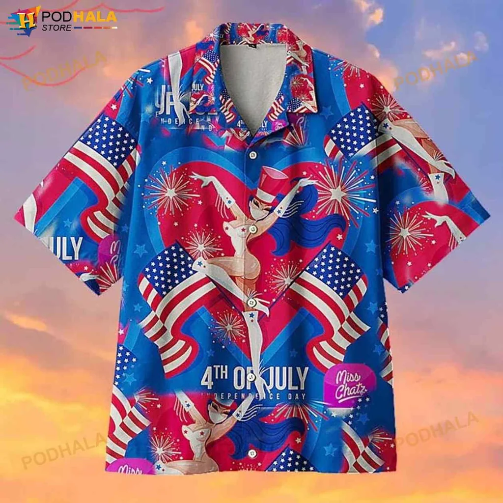 4th Of July Patriotic Hawaiian Shirt With Dancing Woman And Fireworks