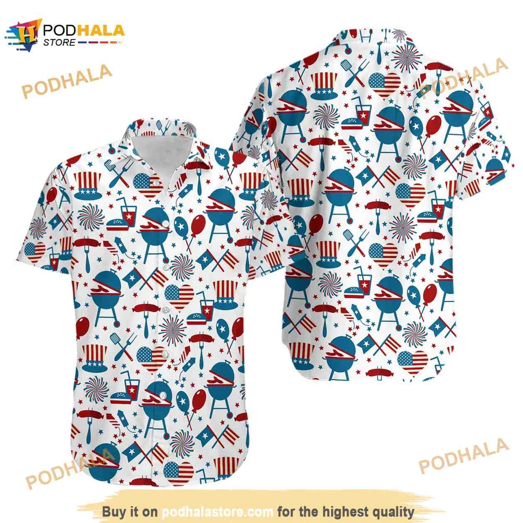 4th Of July Patriotic Hawaiian Shirt With Fun Cartoon Characters