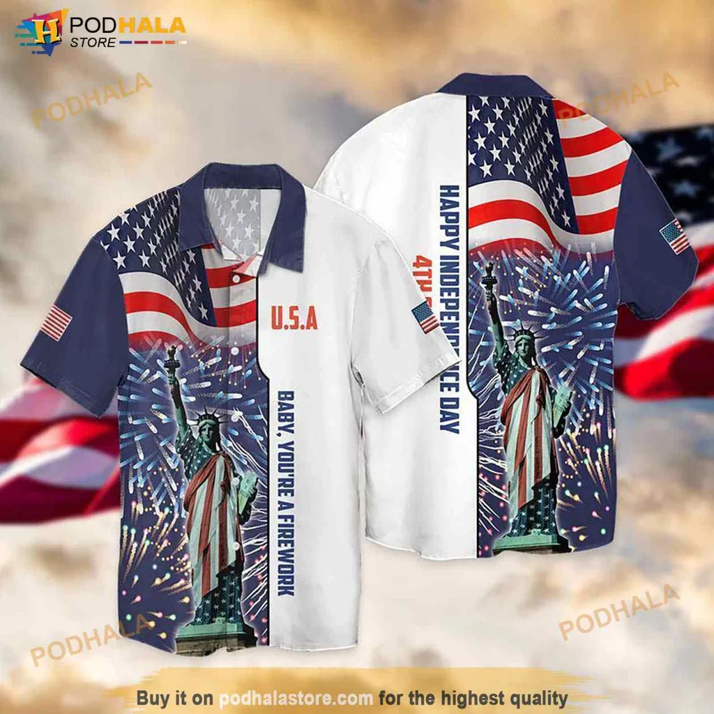 4th Of July Patriotic Hawaiian Shirt With Statue Of Liberty And Fireworks
