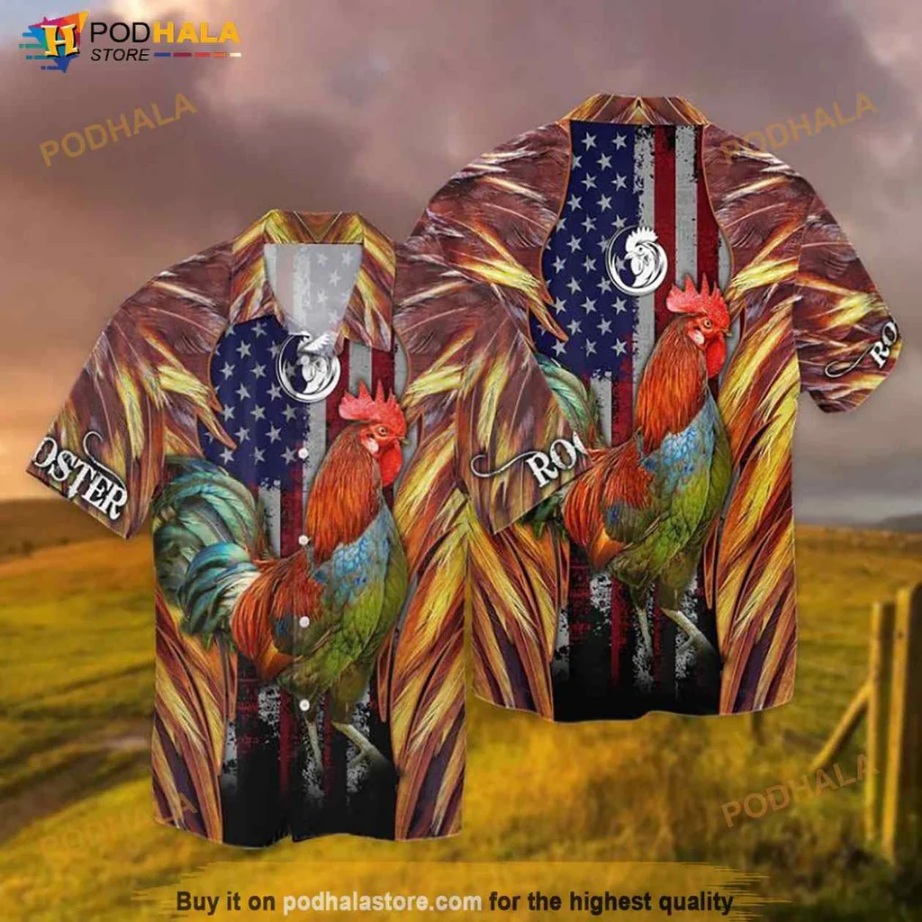 4th Of July Rooster Hawaiian Shirt With Patriotic Colors And Design