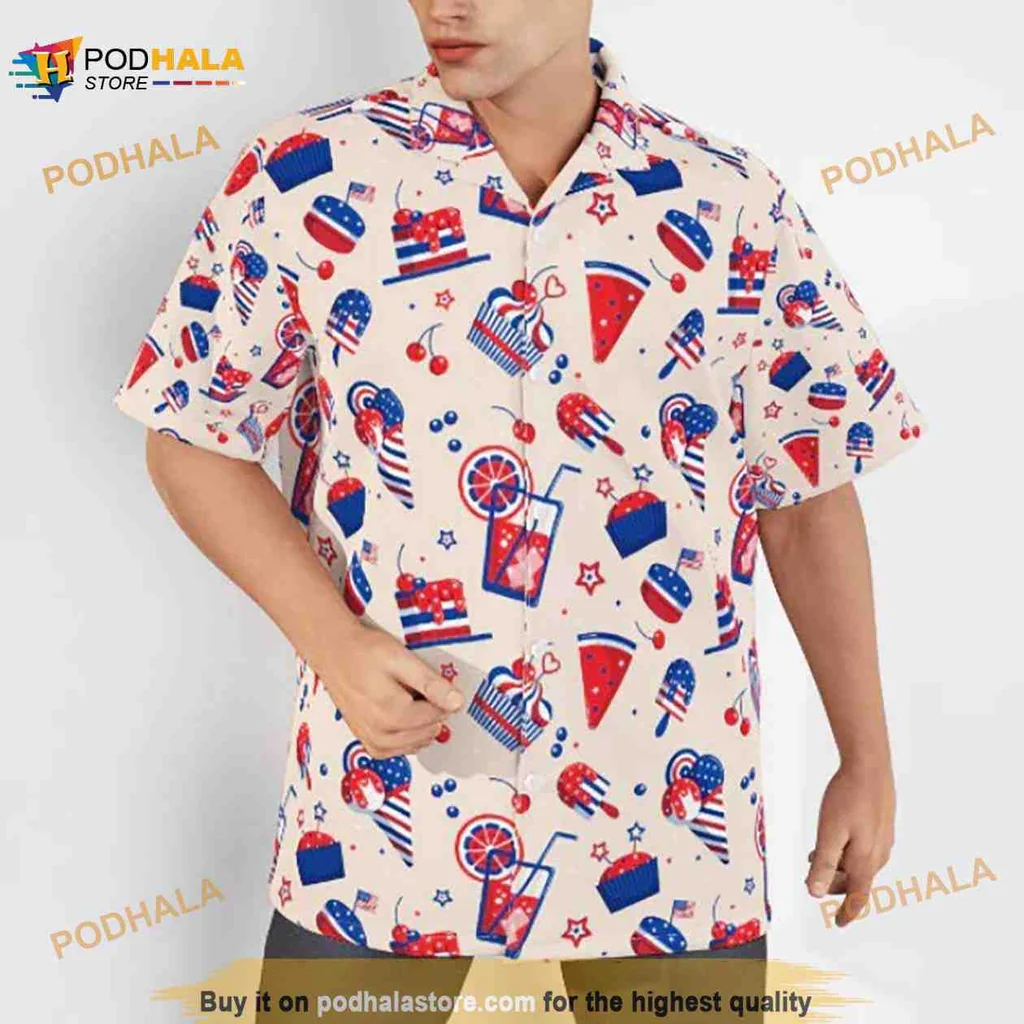 4th Of July Summer Aloha Shirt With Ice Cream And Watermelon Design