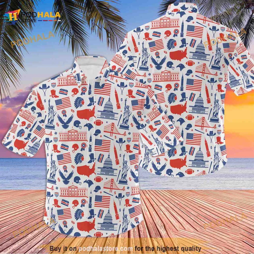 4th Of July Tropical Aloha Shirt Featuring Patriotic Symbols