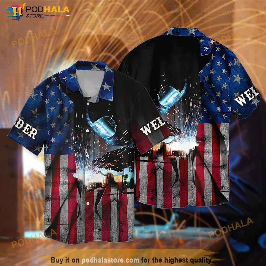 4th Of July Welder Hawaiian Shirt With American Flag Design