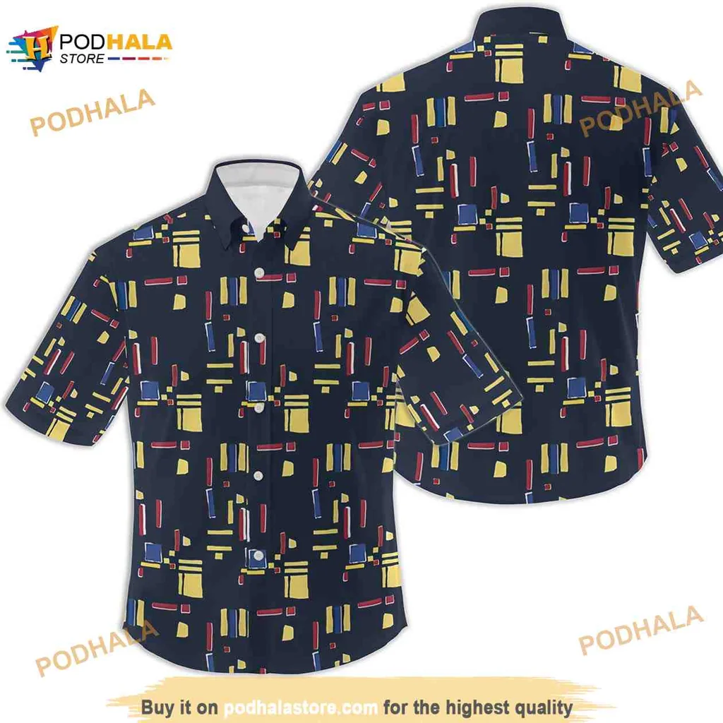Abstract Geometric Pattern Hawaiian Shirt In Vibrant Dark Blue And Bright Colors