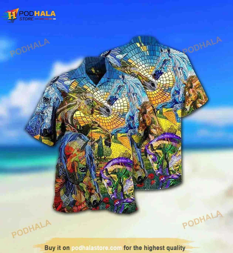 Abstract Horse Mosaic Hawaiian Shirt, Colorful Equestrian Fashion