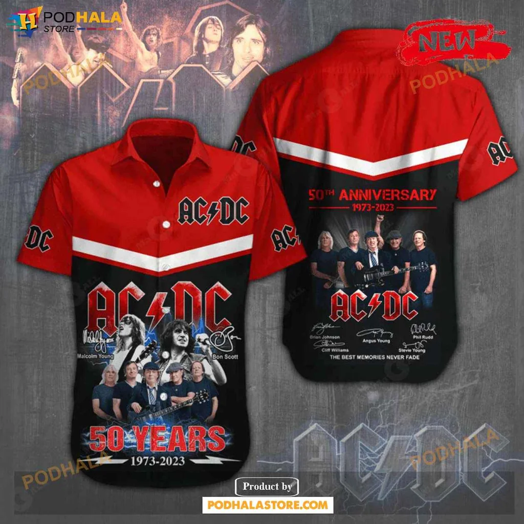 Acdc 50th Anniversary Aloha Shirt, Vibrant Red Design With Band Signatures And Memories