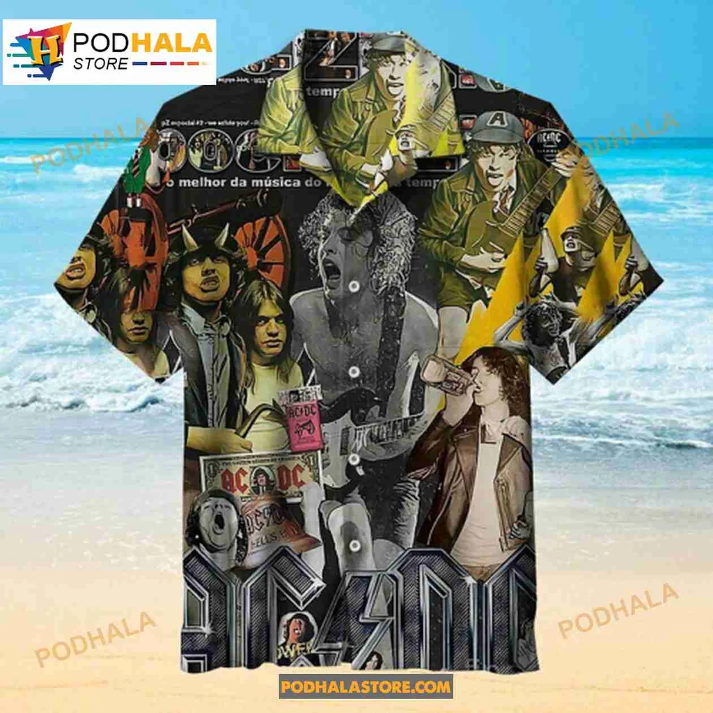 Acdc Rock Band Hawaiian Shirt With Vibrant Collage Design