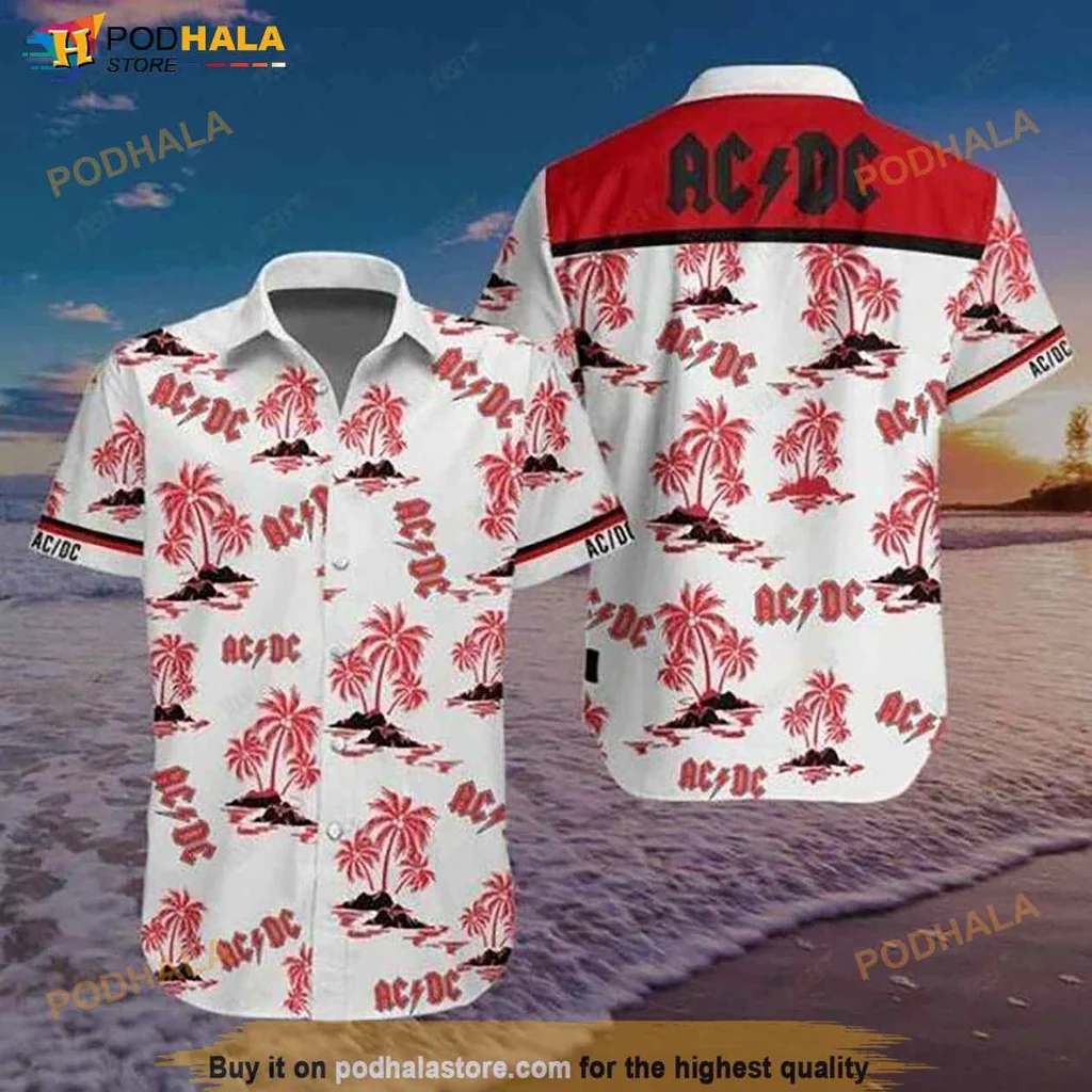 Acdc Tropical Hawaiian Shirt With Iconic Logo And Palm Tree Design