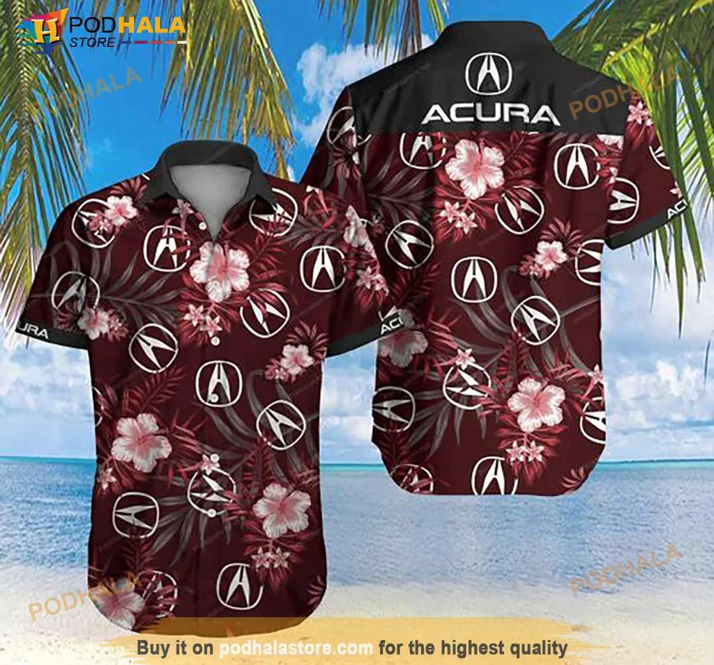 Acura Tropical Floral Hawaiian Shirt With Maroon Background