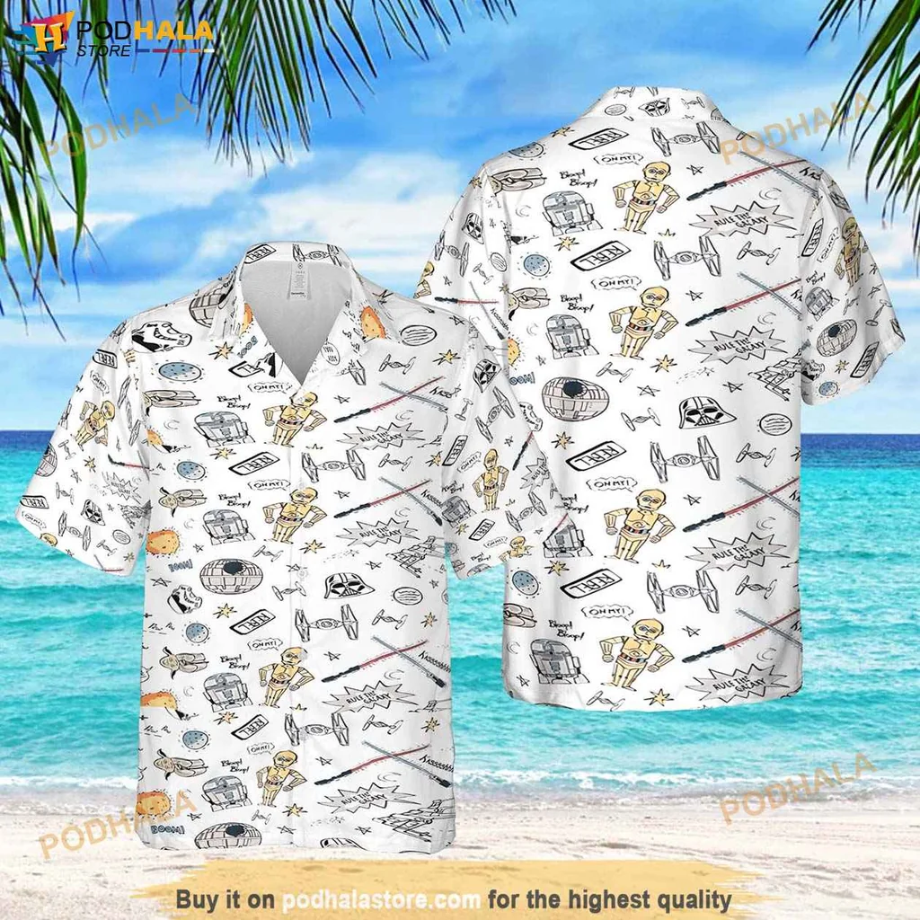 Adventurous Star Wars Aloha Shirt, Playful Summer Button Up Shirt For Fans