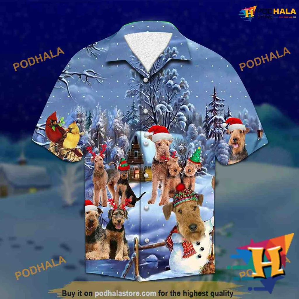 Airedale Terrier Christmas Hawaiian Shirt With Festive Winter Scene