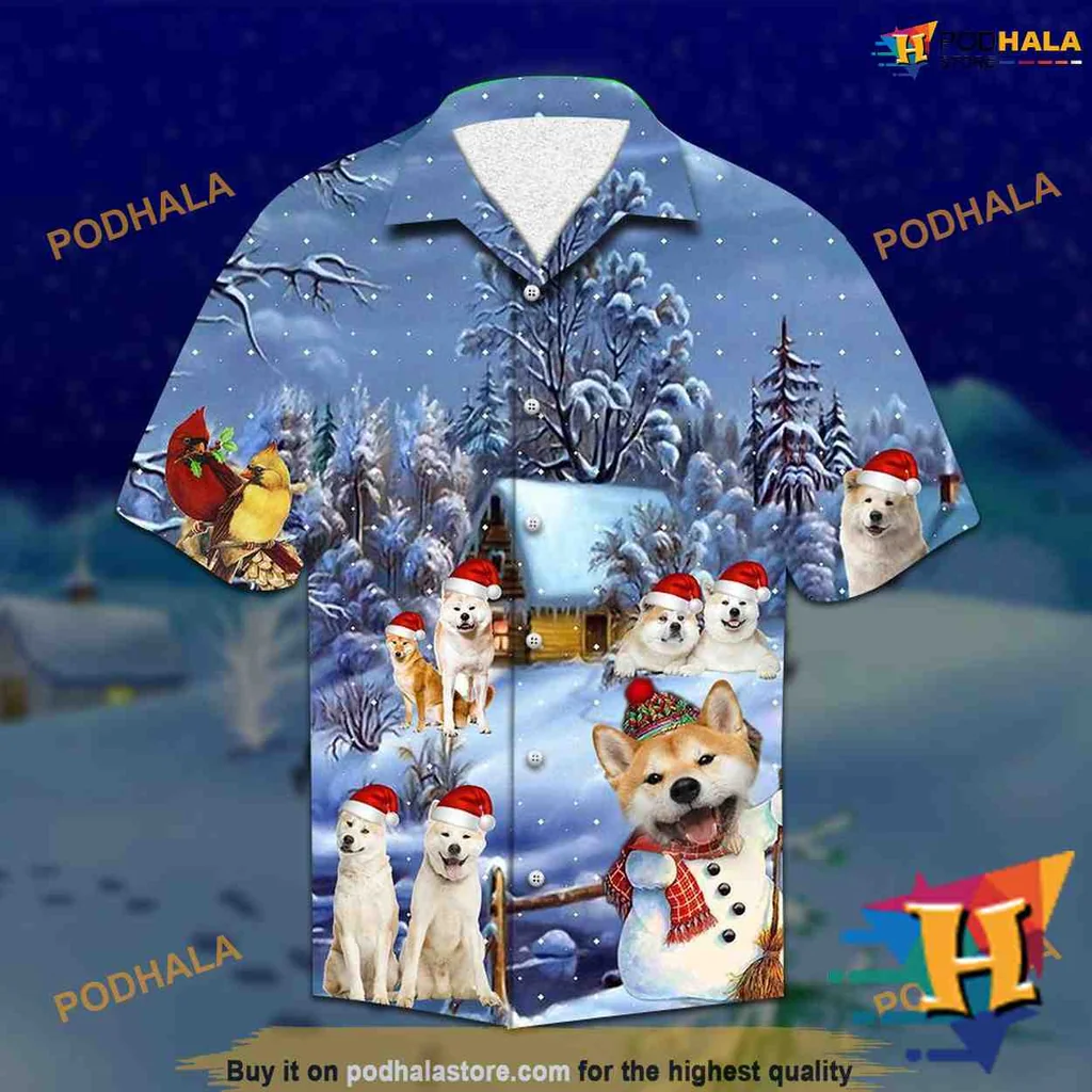 Akita Dog Festive Hawaiian Shirt With Snowy Landscape And Santa Hats