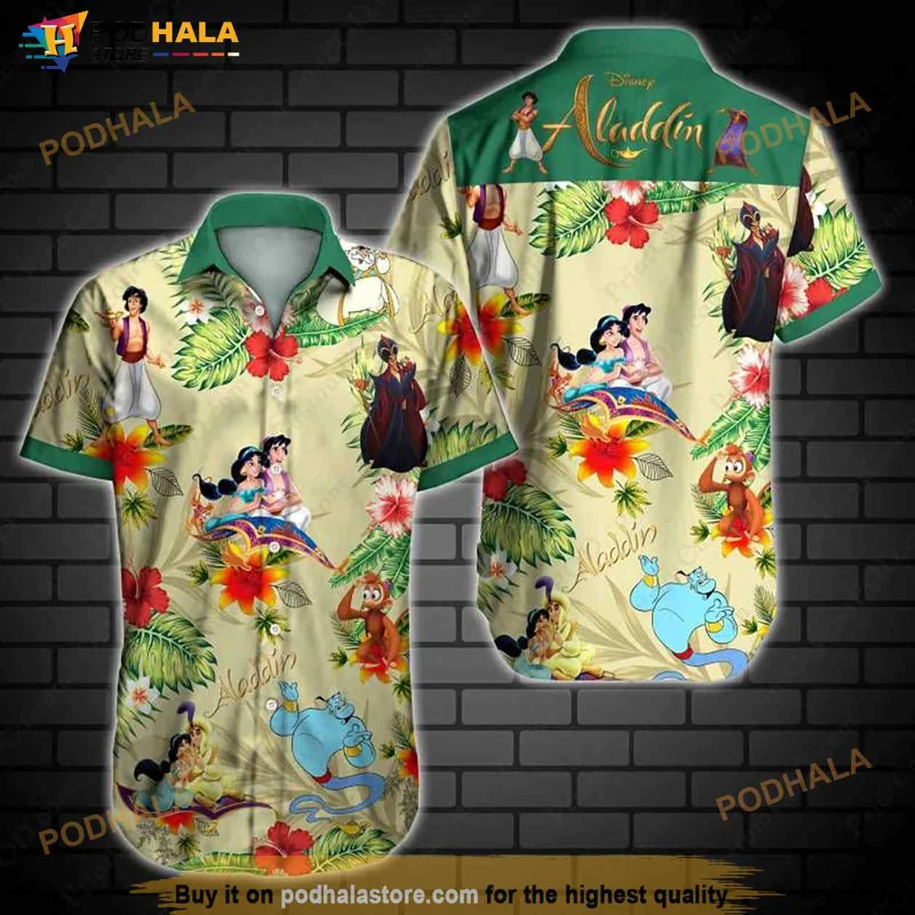 Aladdin Cartoon Tropical Hawaiian Shirt Featuring Aladdin, Jasmine, And Genie
