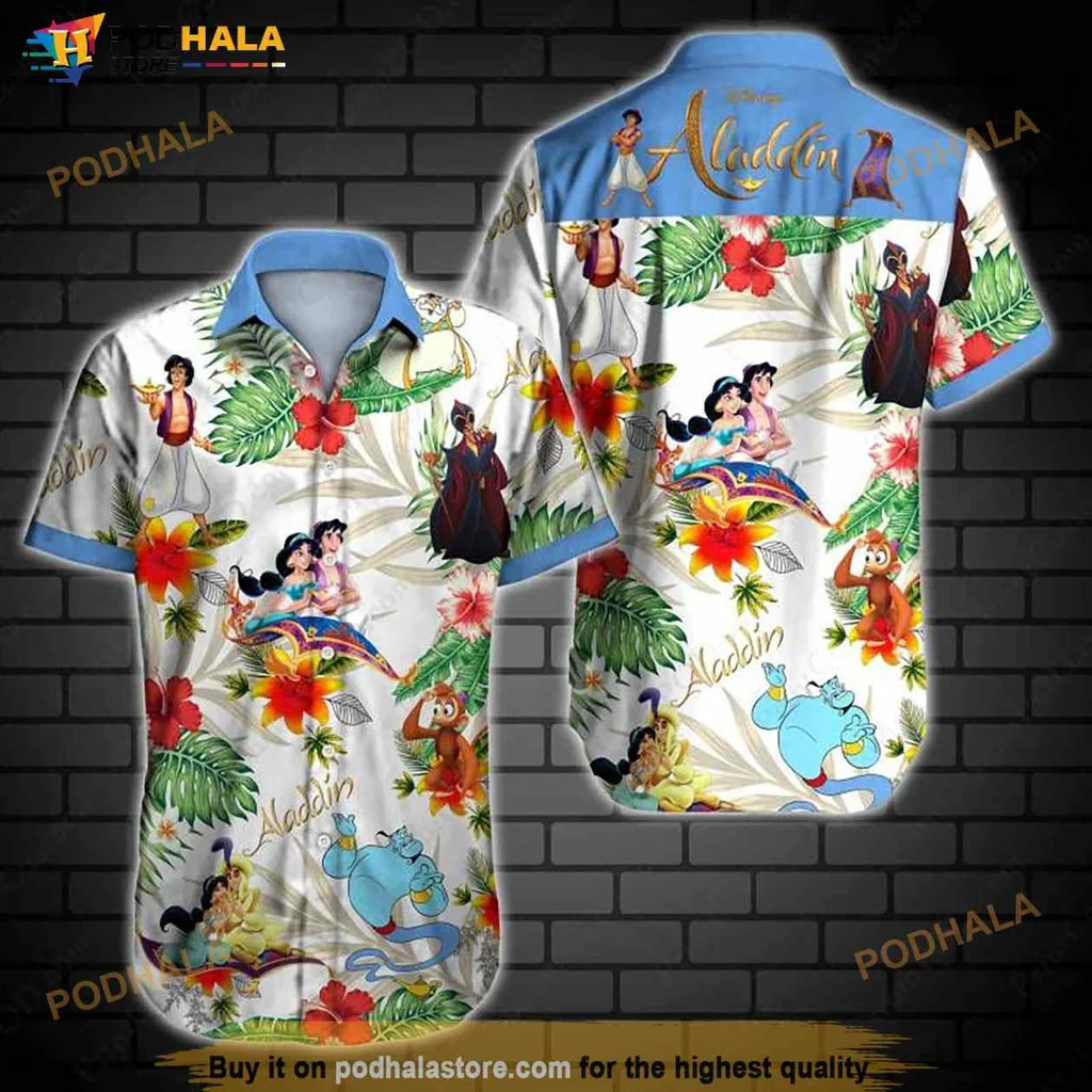 Aladdin Themed Hawaiian Shirt With Colorful Characters And Tropical Design
