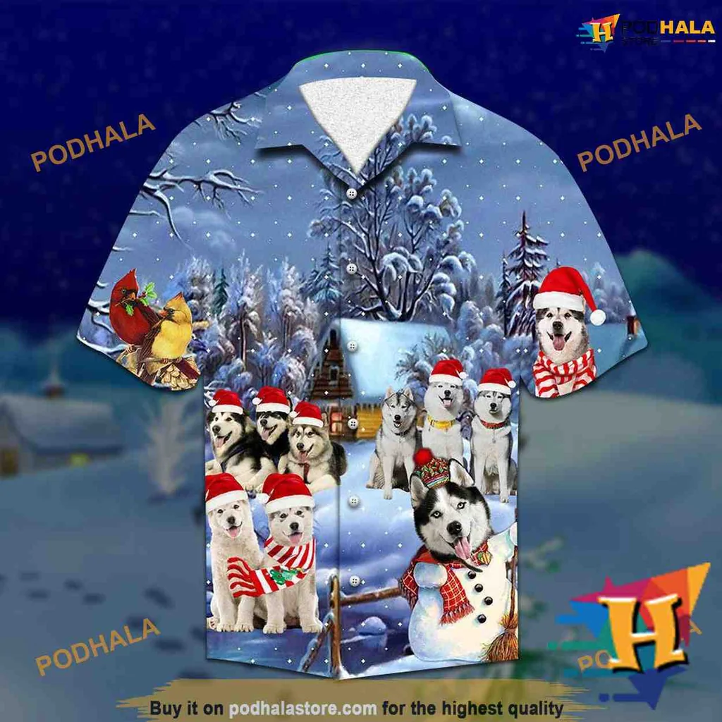 Alaskan Malamute Christmas Hawaiian Shirt With Santa Hats And Snowy Background