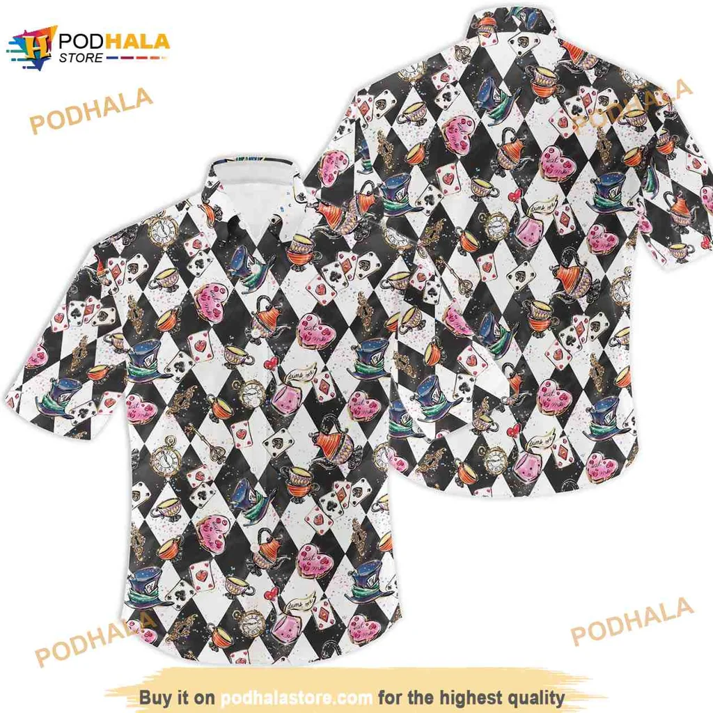 Alice In Wonderland Tropical Hawaiian Shirt Featuring Cheshire Cat And Mad Hatter