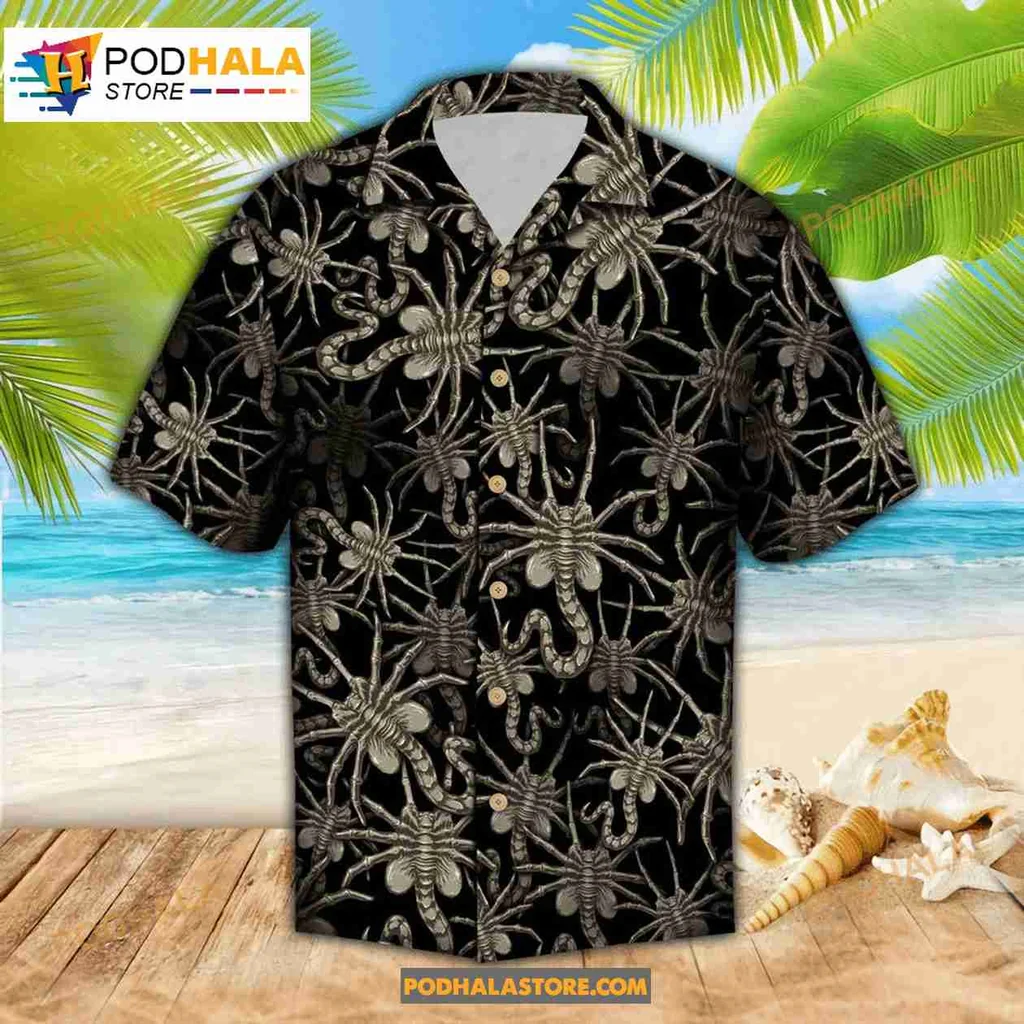 Alien Face Hugger Hawaiian Shirt, Funny Sci Fi Design For Casual Wear