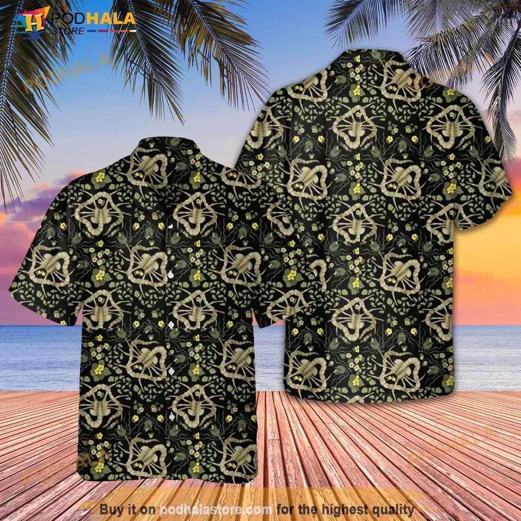 Alien Face Hugger Hawaiian Shirt, Vibrant Sci Fi Surfing Design