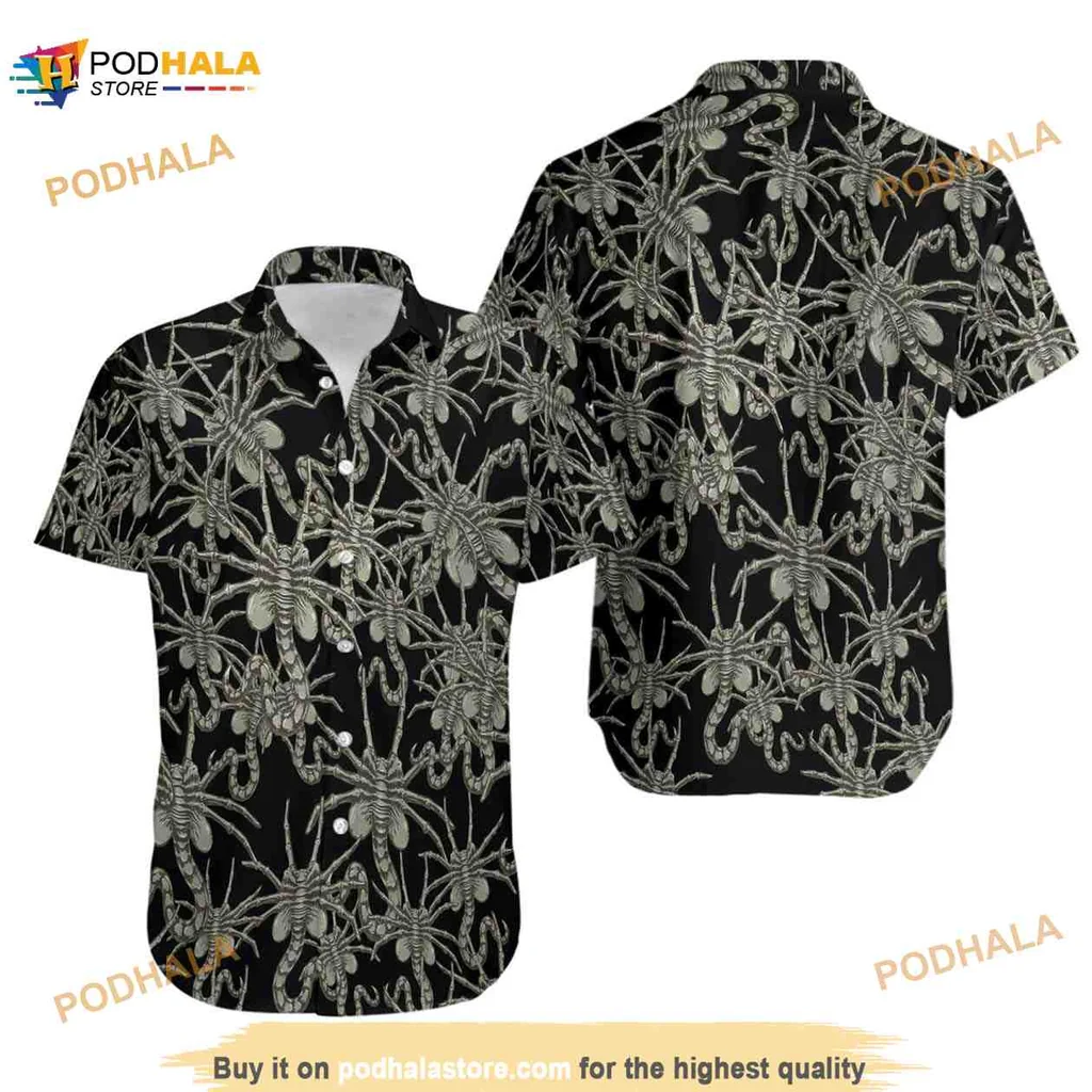 Alien Face Hugger Hawaiian Shirt With Tropical Design For Sci Fi Fans