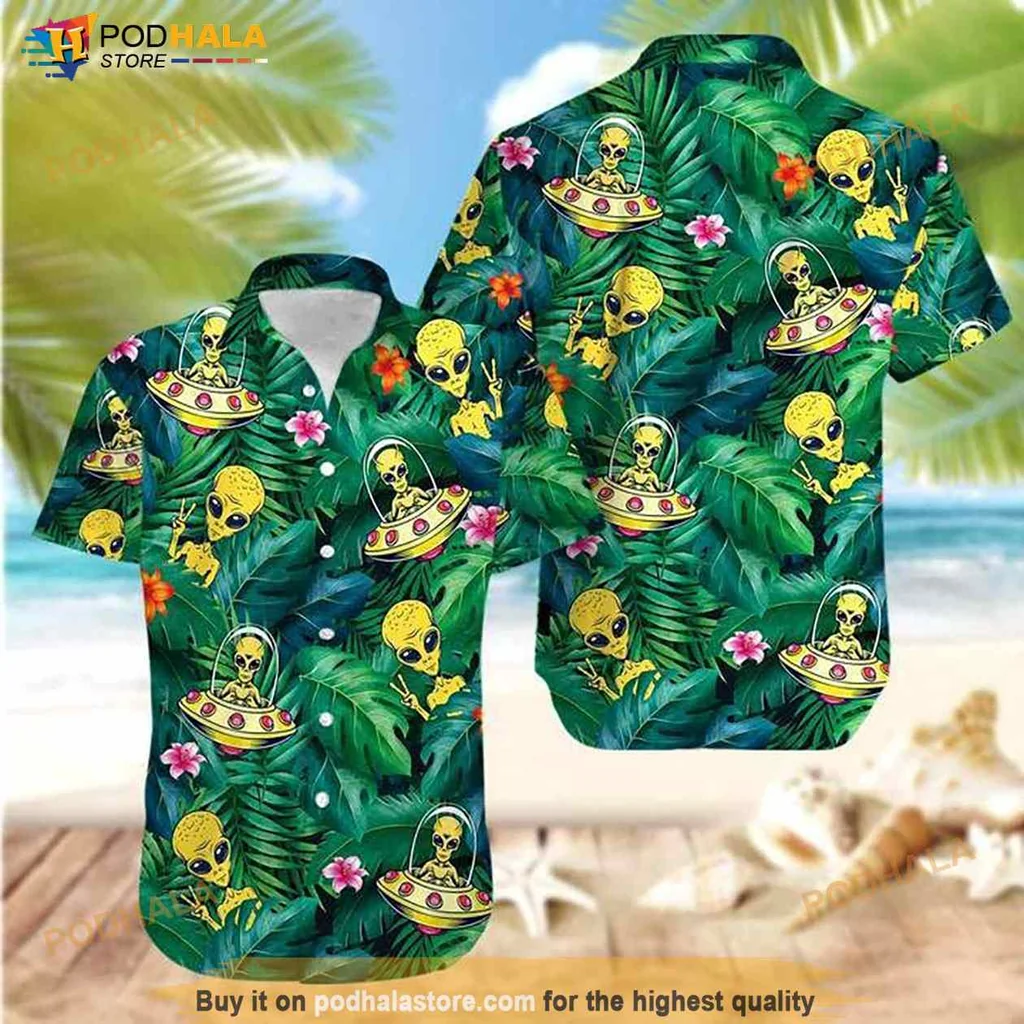 Alien Ufo Tropical Hawaiian Shirt With Cartoon Aliens And Colorful Flowers