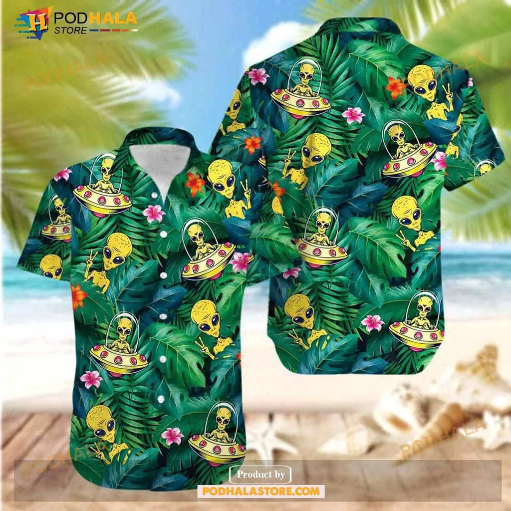 Alien Ufo Tropical Hawaiian Shirt With Cartoon Aliens And Green Leaves
