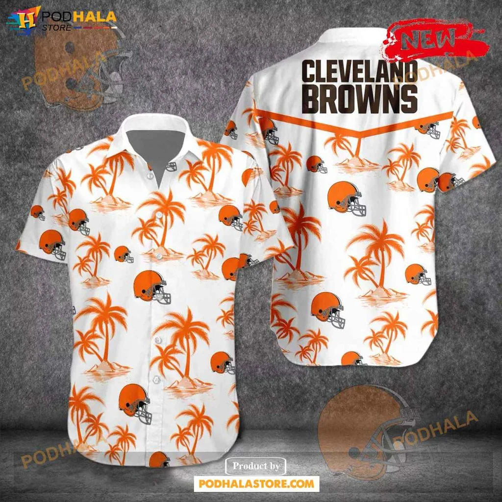 Aloha Cleveland Browns Hawaiian Shirt, Tropical Summer Design With Orange Helmets And Palm Trees