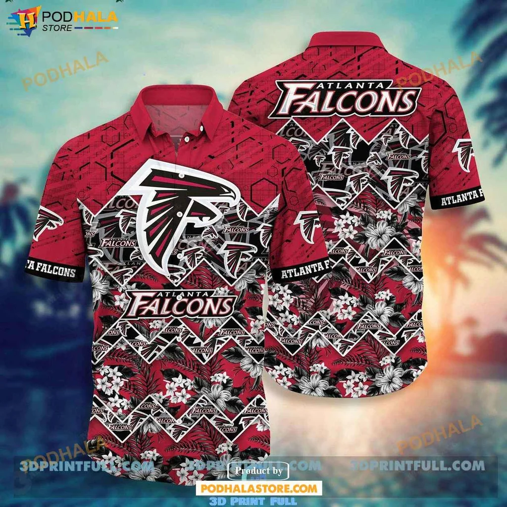 Aloha Falcons Fan Hawaiian Shirt, Vibrant Red And Black Tropical Design