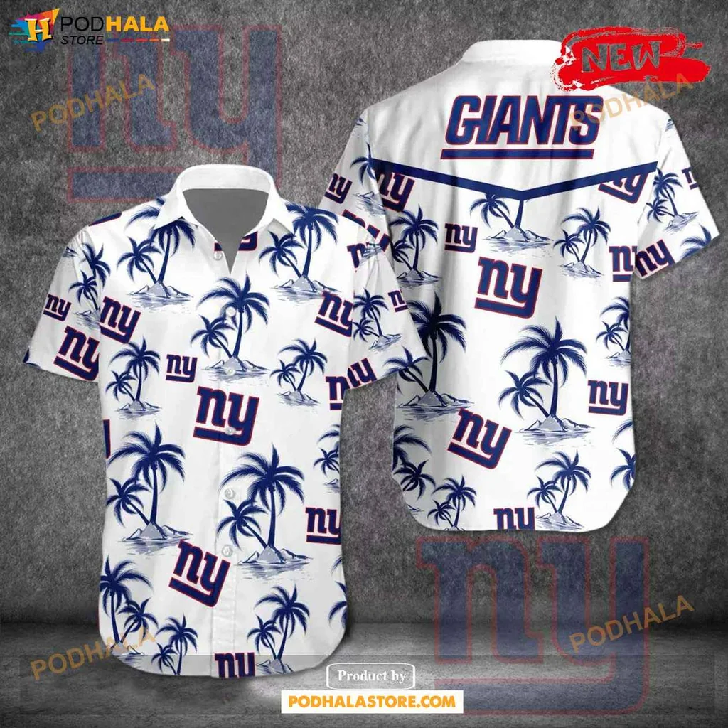 Aloha Giants Hawaiian Shirt Tropical Palm Trees Blue White Summer Shirt