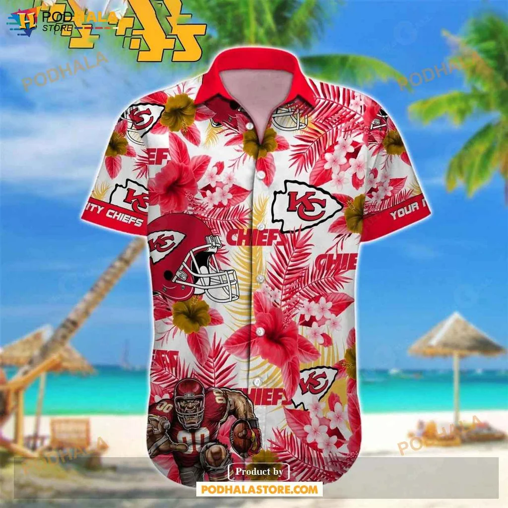 Aloha Kansas City Chiefs Shirt, Vibrant Nfl Design With Hibiscus Flowers And Palm Leaves