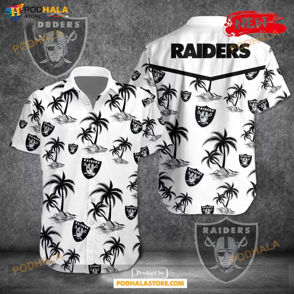 Aloha Raiders Tropical Shirt, Black And White Palm Tree Design Summer Button Shirt