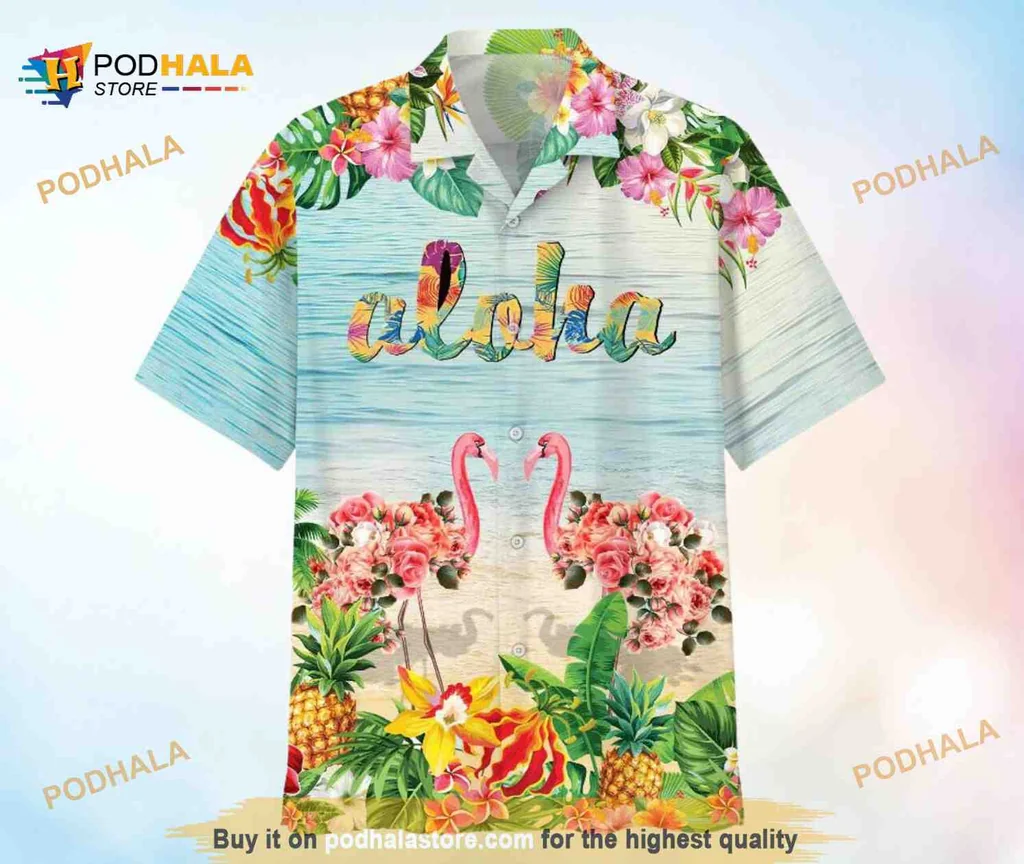 Aloha Tropical Floral Hawaiian Shirt With Flamingos And Hibiscus