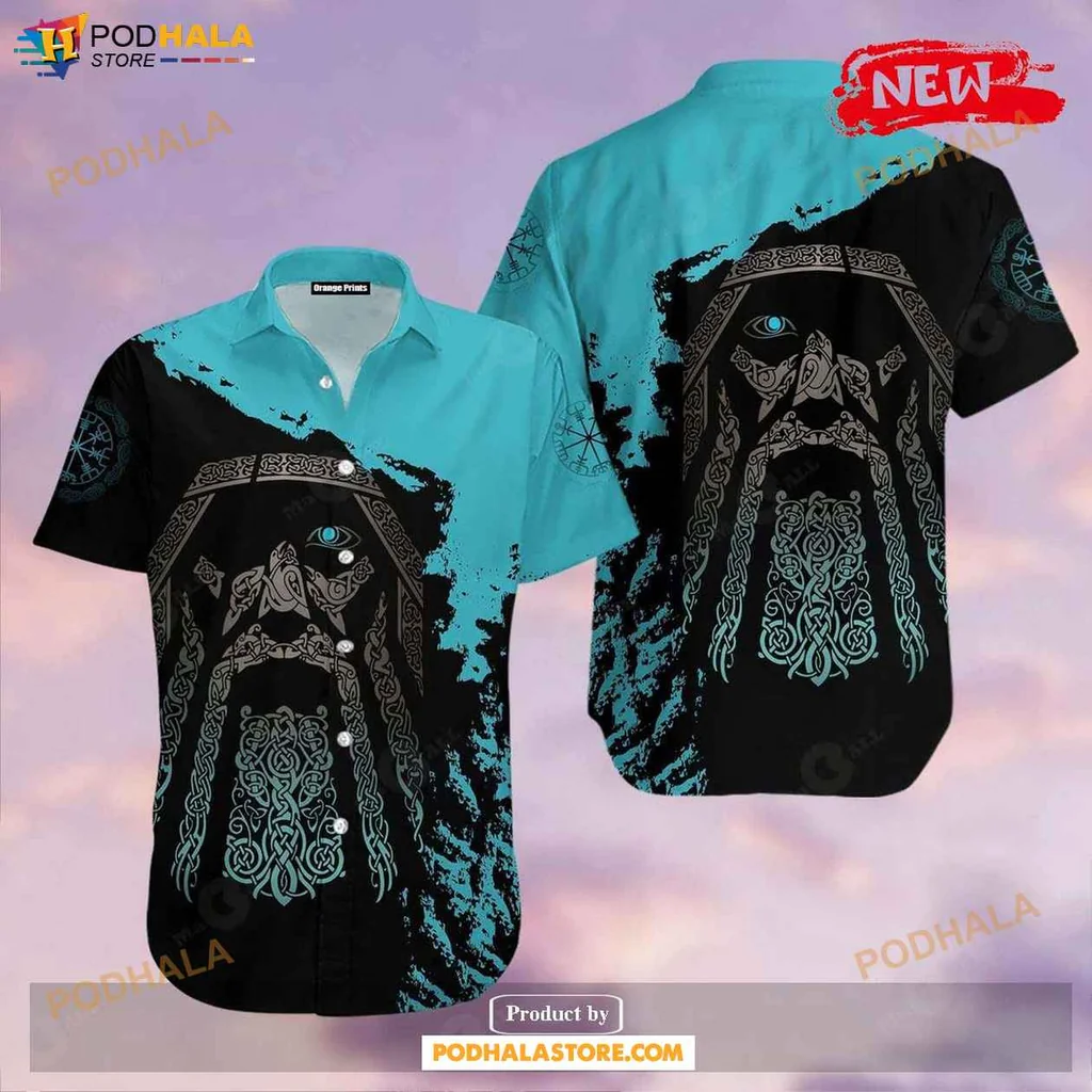 Aloha Viking Mythology Hawaiian Shirt, Odin Design In Turquoise And Black