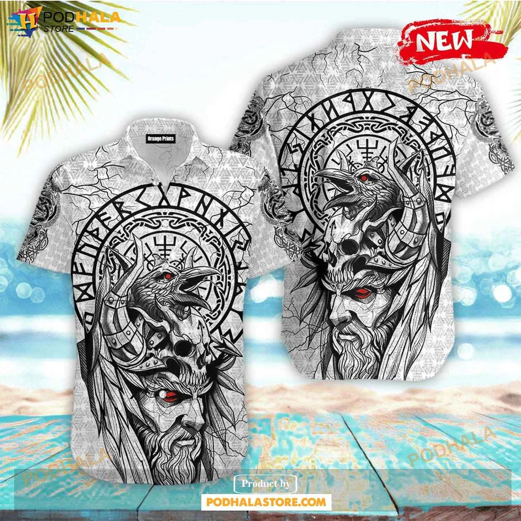 Aloha Viking Warrior Hawaiian Shirt, Odin Graphic Design With Bold Patterns And Red Accents