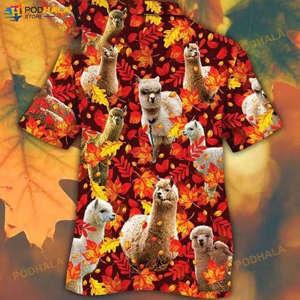 Alpaca Horse Lovers Hawaiian Shirt With Autumn Red Leaves Design