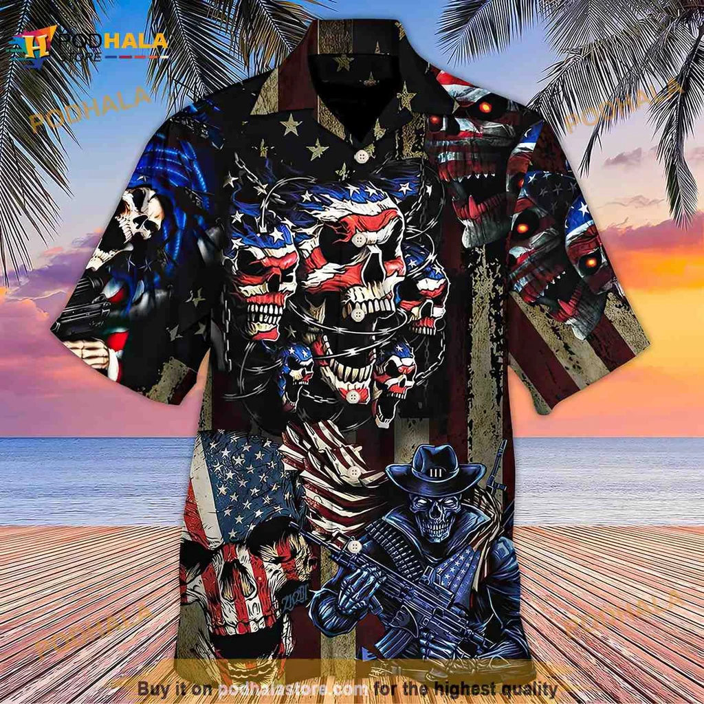 America Skull Pride Aloha Shirt With Guitar And Cowboy Hat Design