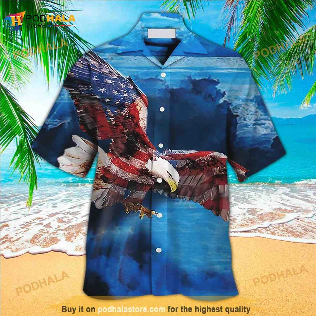 American Bald Eagle Hawaiian Shirt In Sky Blue With Patriotic Design