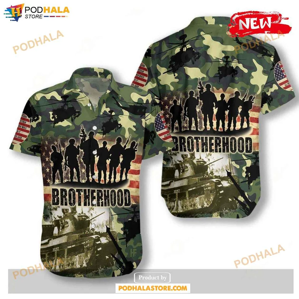 American Brotherhood Hawaiian Shirt, Military Themed Casual Tee For Unity And Camaraderie