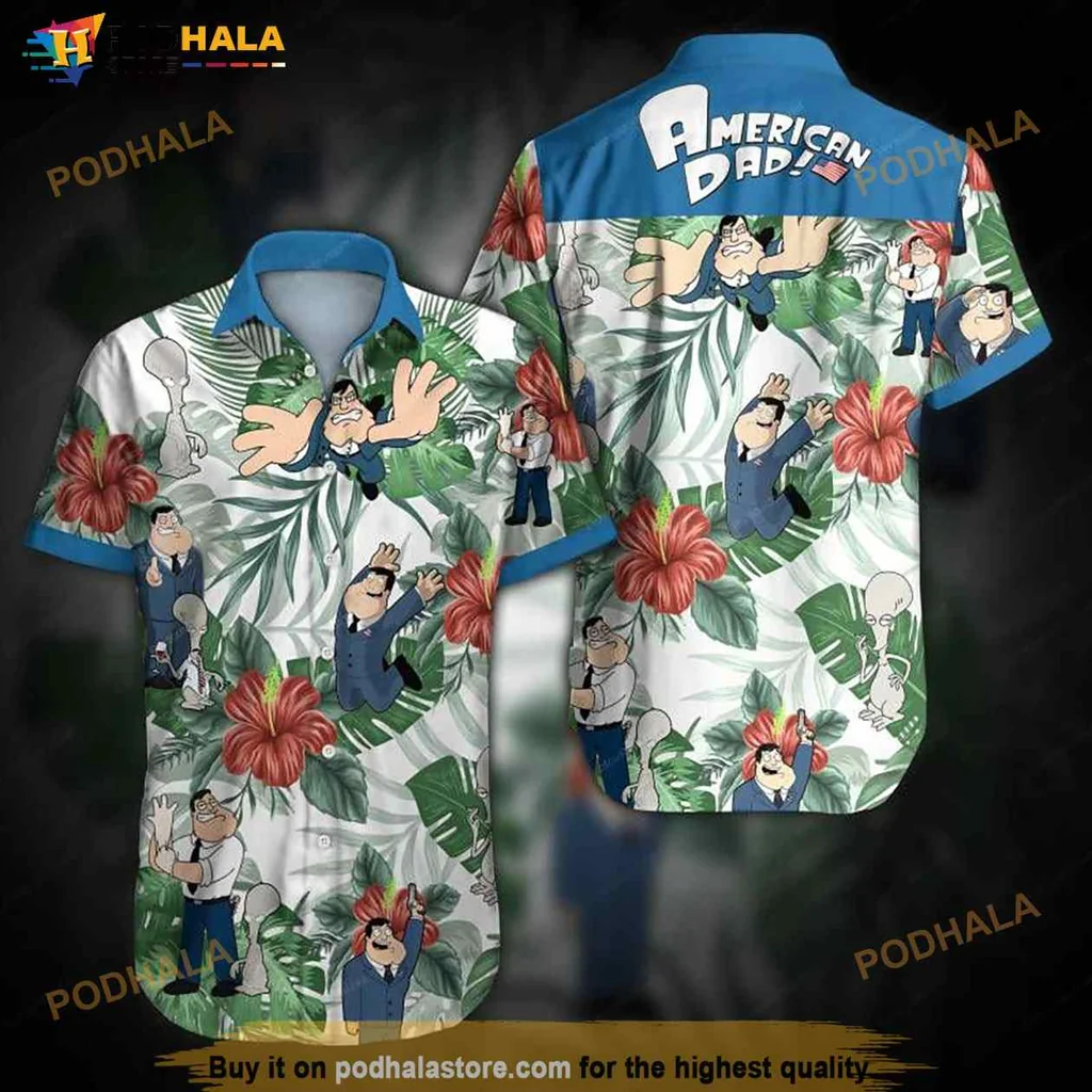 American Dad Tropical Hawaiian Shirt With Hibiscus Flowers And Cartoon Characters